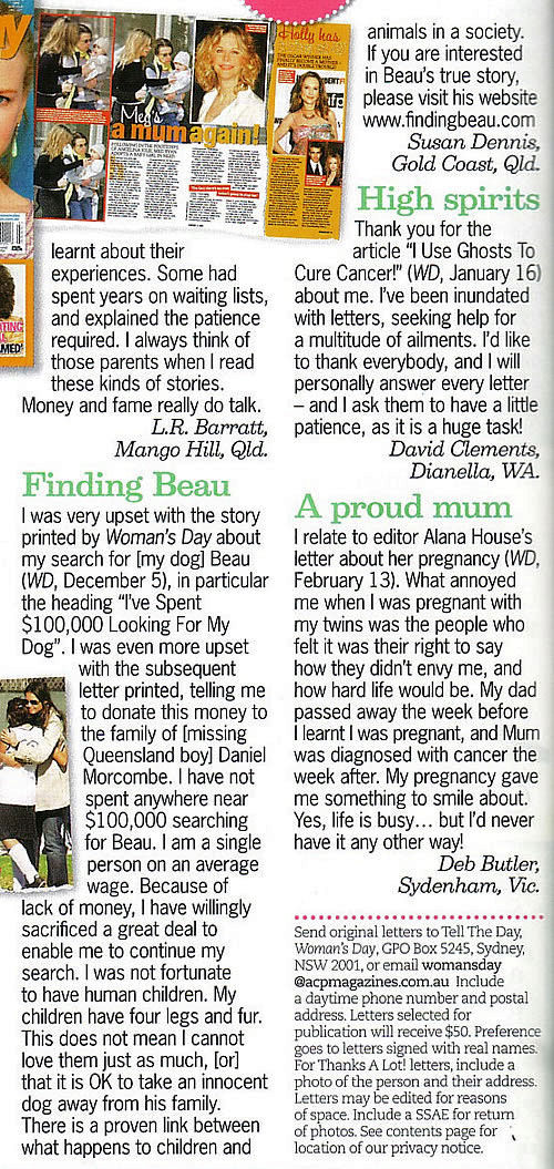 Womans Day, National magazine, Channel 9, Letter to the Editor, Finding Beau, Stolen Dog